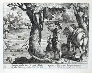 Fågelfångare som använder spön med ringar på för att fånga fåglar, illustration från 